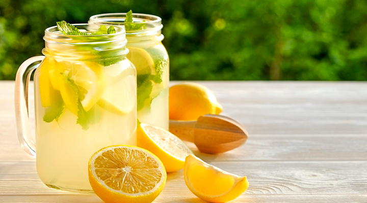 Mason jars filled with delicious lemonade. 