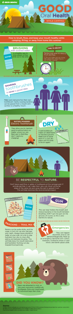 This infographic details how to safely maintain a healthy mouth while camping, ensuring the nature is left unharmed.